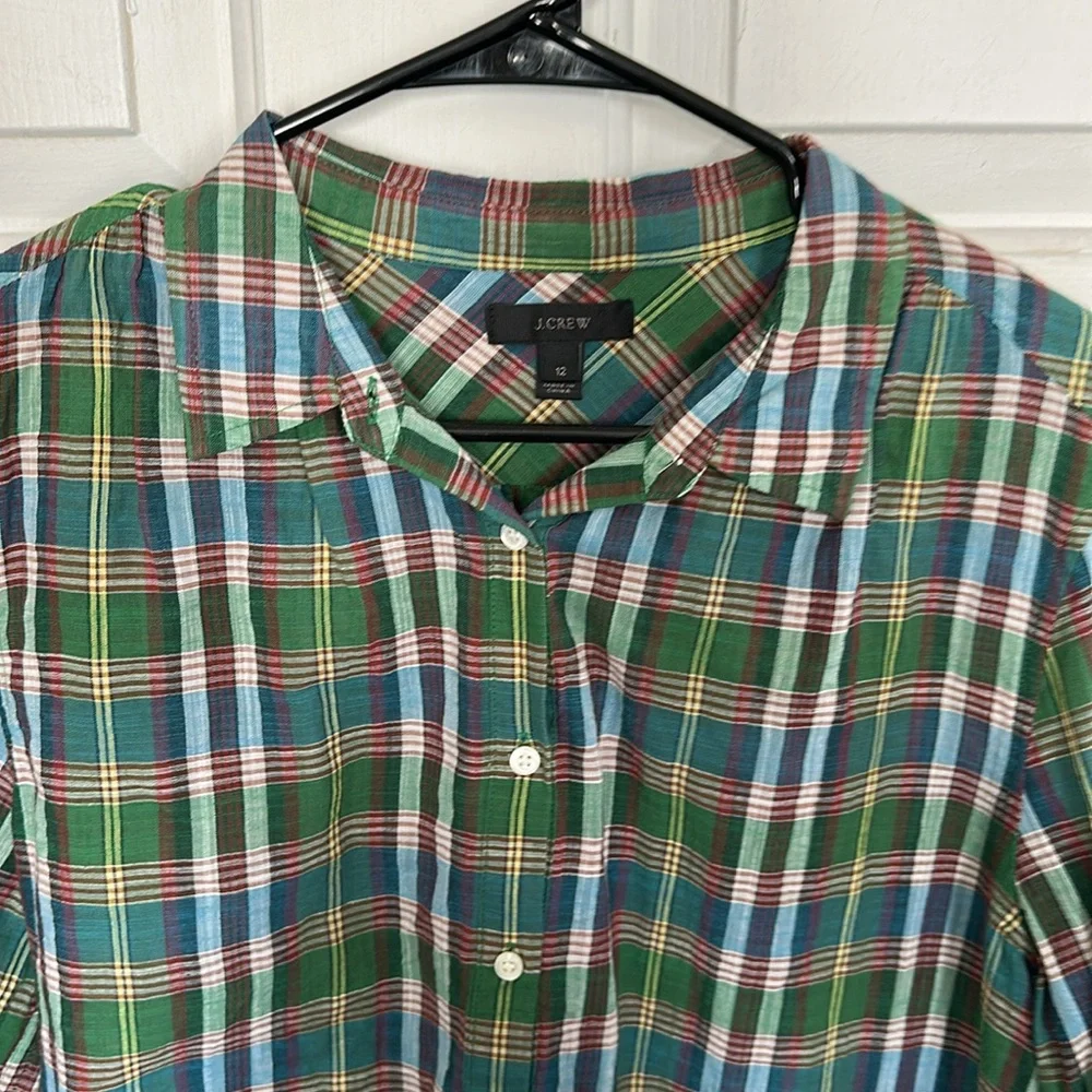 J. Crew Green and Blue Plaid Button-Up Blouse